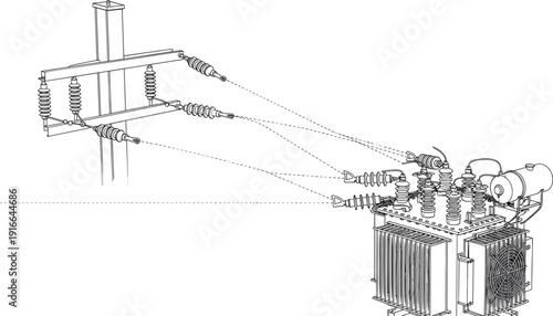 High Voltage Electrical Transformer and Power Line Connection Vector Illustration Featuring Industrial Energy Distribution Equipment Technical Line Art Design