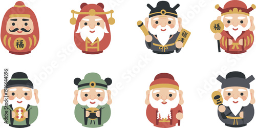 Cute Japanese lucky gods and Daruma characters collection symbolizing fortune, prosperity, and traditional cultural celebration illustrated in modern flat vector style