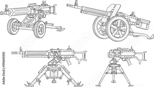 Detailed Heavy Machine Gun Artillery Set with Tripod and Wheeled Carriage Military Weapon Vector Illustration Collection