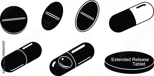 Black and white of various pills and capsules tablets medication healthcare