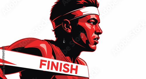 Athlete crossing finish line determined expression intense focus.