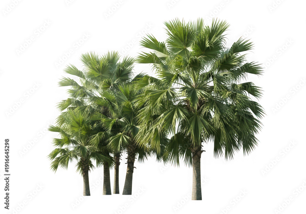 Fototapeta premium Green tropical palm trees isolated for design assets, cutout on transparent isolated on transparent background