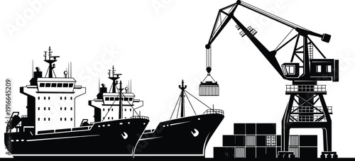 Industrial seaport with cargo ships and crane loading containers, maritime shipping logistics, global trade transportation vector illustration design
