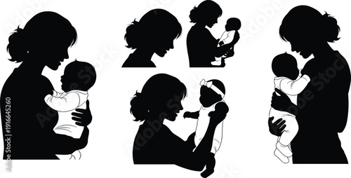 Black silhouettes of mothers holding babies baby white