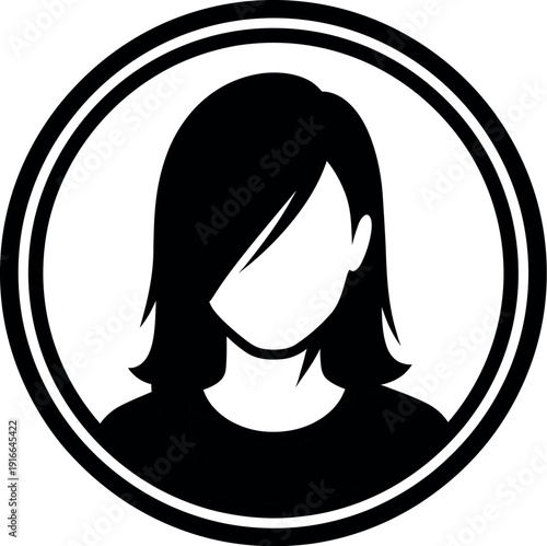 A black and white silhouette of a woman with long hair in a circular frame