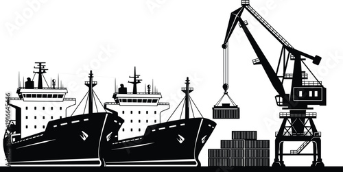 Industrial cargo port with container ships and crane loading freight, maritime shipping logistics, global trade transportation vector illustration