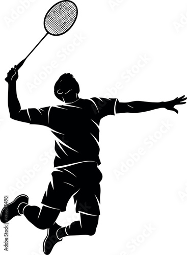 A silhouette of a badminton player mid-air with a racket raised.