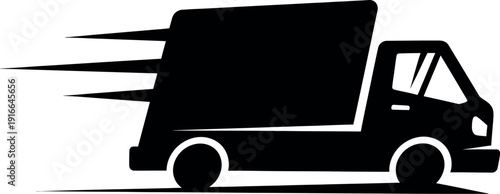 A black and white illustration of a speeding delivery truck with motion lines