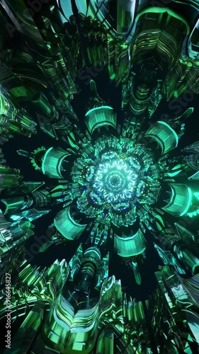 Emerald mandala with organic petal symmetry and smooth rotation, abstract sacred geometry vertical reel designed for healing visuals, meditation scenes and immersive spiritual digital art
