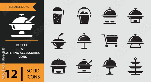 Buffet And Catering Accessories Solid Icon Set For Banquet And Event Service