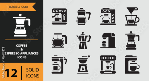 Coffee And Espresso Appliances Solid Icon Pack For Cafe And Barista Designs
