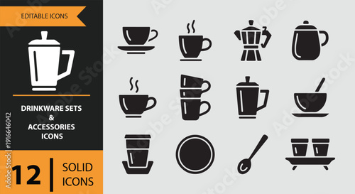 Drinkware Sets And Accessories Solid Icon Pack For Beverage Serving Concepts