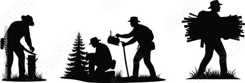 Lumberjack silhouettes chopping and carrying firewood