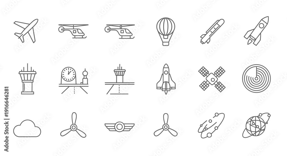 Fototapeta premium Comprehensive Aviation and Space Flight Outline Icons Collection on Isolated White Background