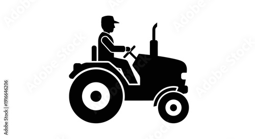 Farmer Driving Heavy Tractor Silhouette Icon, Agricultural Farm Vehicle on Isolated White Background