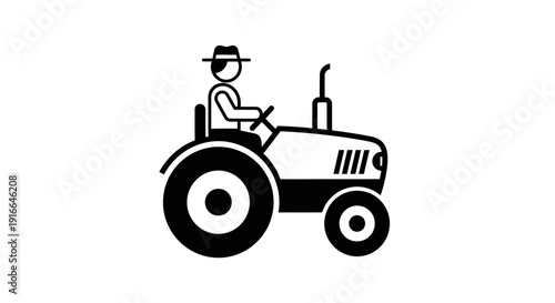 Farmer Operating a Tractor Silhouette, Agricultural Work Icon on Isolated White Background