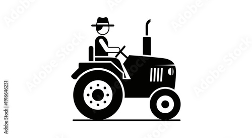Farmer Driving Tractor Silhouette Illustration, Farming Vehicle Icon on Isolated White Background