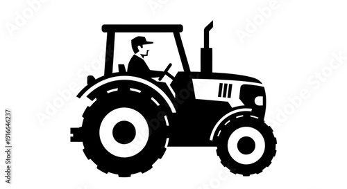 Farmer Driving a Modern Tractor with Cabin Silhouette on Isolated White Background