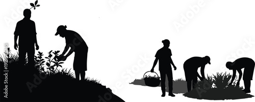Silhouette of people gardening and planting on a white background farming