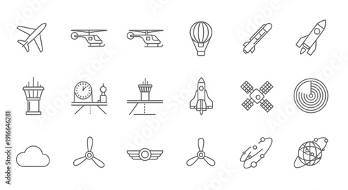 Comprehensive Aviation and Space Flight Outline Icons Collection on Isolated White Background