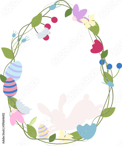 Whimsical Easter egg-shaped floral wreath featuring a bunny silhouette, butterflies, and colorful eggs, decorative vector clip art frame for spring holiday invitations and greeting cards.