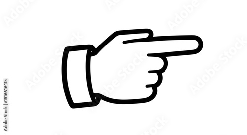 Bold line art of a human hand pointing to the right on an isolated white background.