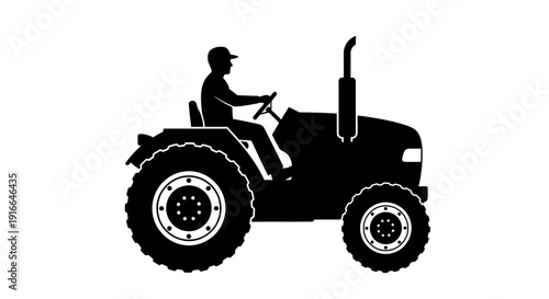 Silhouette of a person driving a modern tractor for agricultural work on an isolated white background.