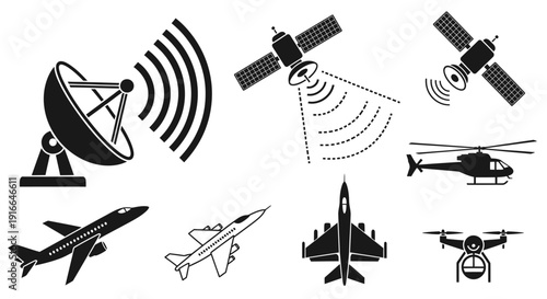 Collection of solid icons for aviation, communication, and surveillance technology, isolated white background.
