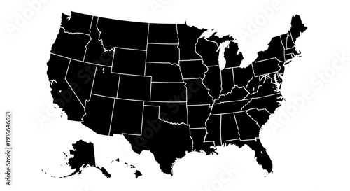 Solid black map of United States of America with states, isolated white background.