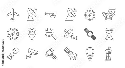Collection of line art icons for navigation, communication, and surveillance, isolated white background.