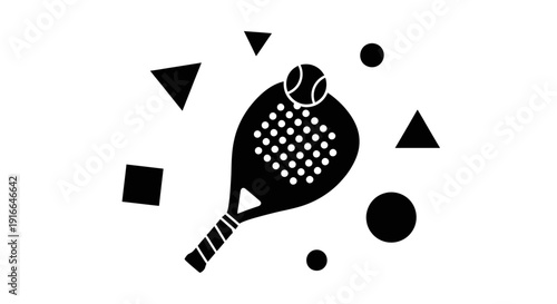 Padel tennis racket and ball with abstract geometric shapes, isolated white background.