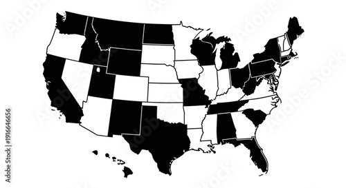 Black and white map of United States of America with states, isolated white background.