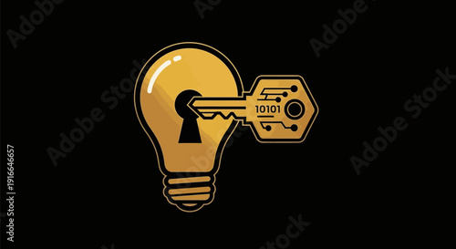 Golden Key Unlocking a Bright Idea Lightbulb Symbol.