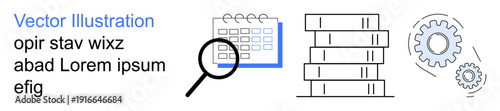 Data management, digital organization, research tools, database optimization, workflow automation, project planning. Calendar, magnifying glass stacked databases and gears. Data management