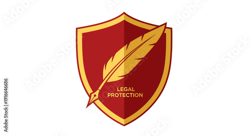 Golden Quill Feather on Red Shield Symbolizing Legal Protection.