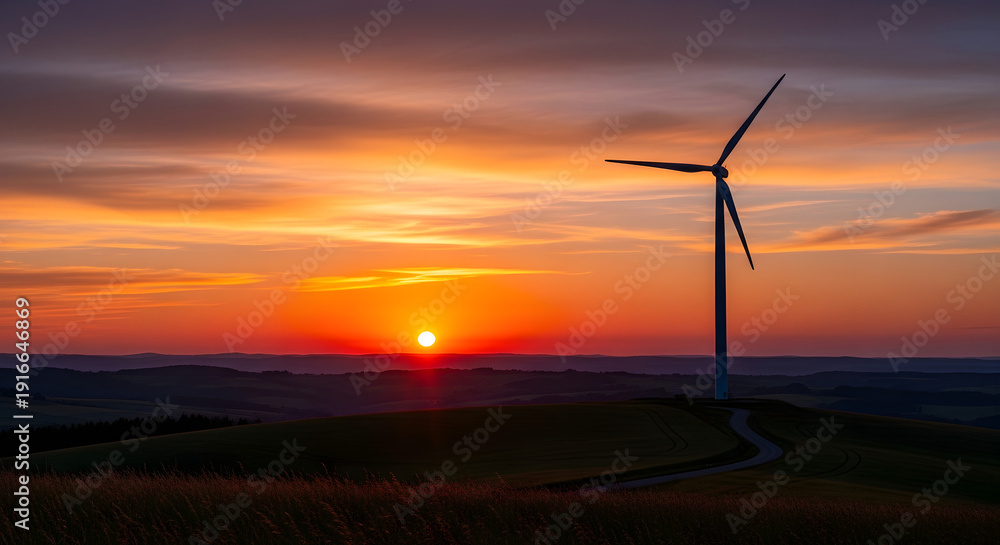 Obraz premium Wind turbine generating renewable energy on a hill at sunset with vibrant sky