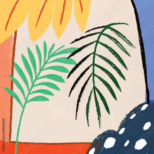 Tropical summer sunset illustration of a girl silhouette on a sandy beach with coconut palm tree leaves and island ocean nature landscape vector art design