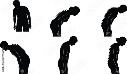 Black silhouettes of people with spine problems bending back pain