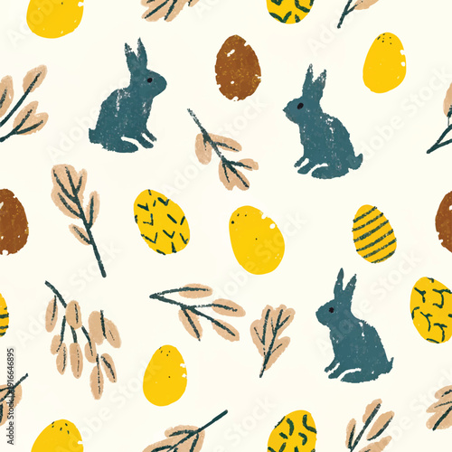 Cute cartoon bunny and bird seamless pattern set featuring Easter rabbits, eggs, and spring flowers in a fun vector illustration design for a nature holiday art drawing