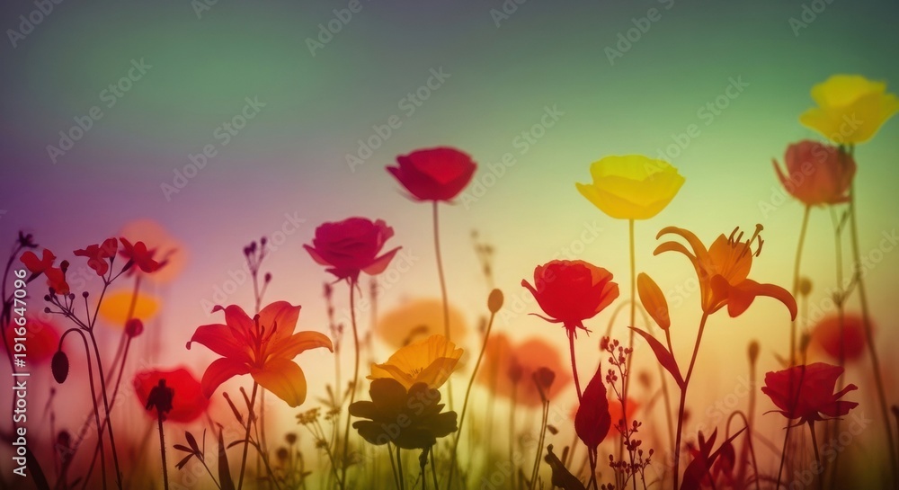 Fototapeta premium Vibrant colorful poppies flowers in a field at sunset with gradient sky
