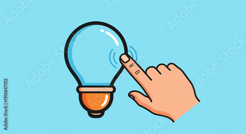 Hand Touching Light Bulb Symbolizing Idea Generation.