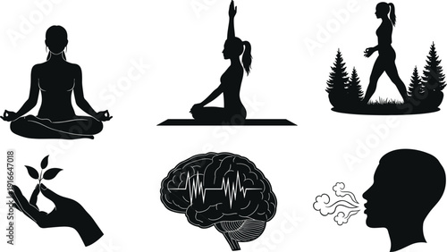 Black silhouettes of people meditating and exercising outdoors with brain and hand
