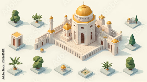 An isometric vector illustration of a mosque complex with golden domes and modular Islamic architecture elements.