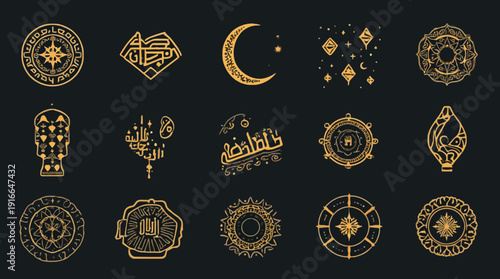A diverse set of golden Islamic symbols and Arabic calligraphy designs on a black background.
