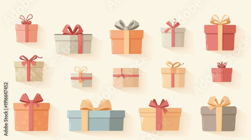 A charming collection of pastel-colored gift boxes with ribbons, arranged on a light background.