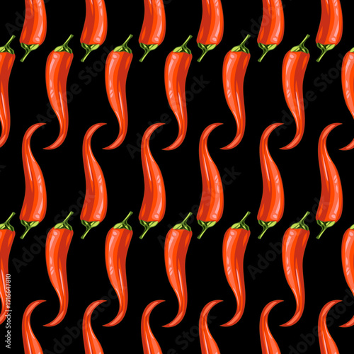 Seamless pattern with red hot chili peppers on black background. Spicy food concept, bold contrast design for kitchen decor, restaurant branding, sauces packaging and street food themes.