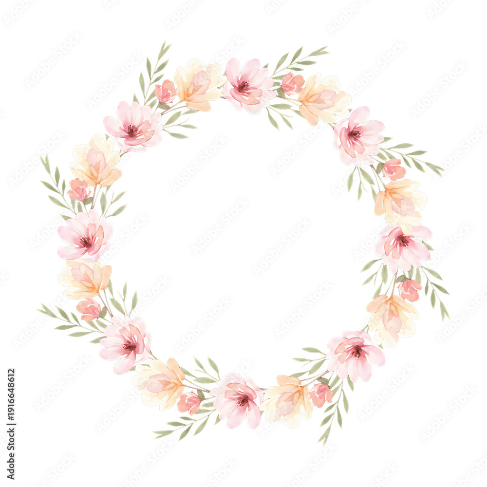 Obraz premium Pastel Wildflower Floral Wreath Frame Isolated on Transparent Background Watercolor Illustration PNG