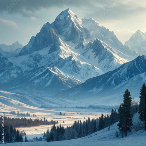Majestic Snowy Mountains Panorama Illustration