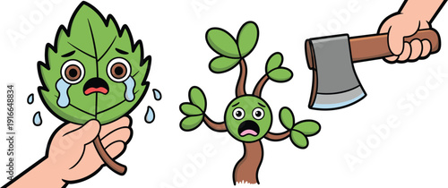 Sad cartoon tree and crying leaf threatened by axe, environmental destruction and deforestation concept illustration promoting nature conservation and environmental awareness
