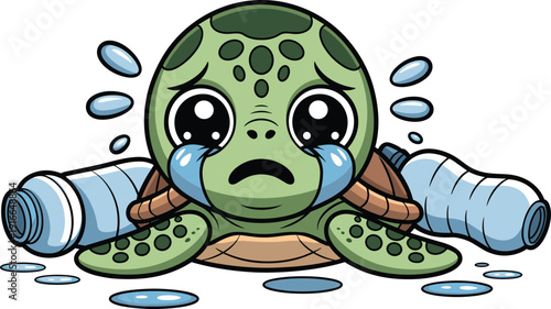 Sad cartoon sea turtle surrounded by plastic bottles and water drops, environmental pollution awareness illustration highlighting ocean waste and marine conservation concept